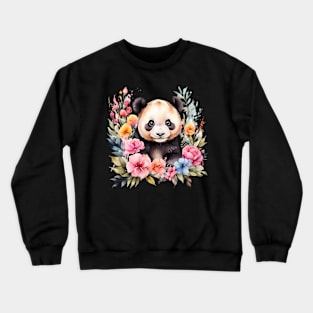 A panda bear decorated with beautiful watercolor flowers Crewneck Sweatshirt